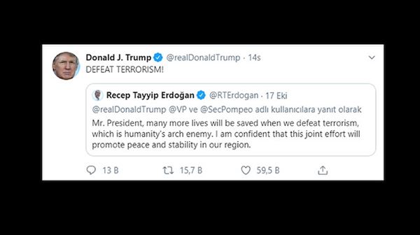 Trump retweets Erdoğan, says 'DEFEAT TERRORISM!'