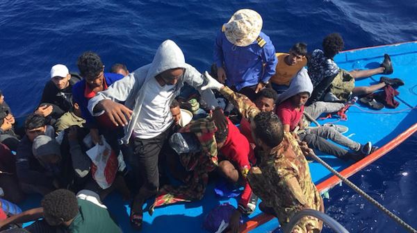Two toddlers among 73 migrants plucked from drifting dinghy off Libya