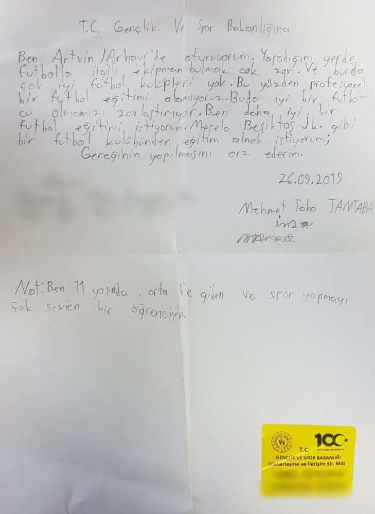 Ortaokul öğrencisi Mehmet Taha Tamtabak'ın Bakan Kasapoğlu'na yazdığı mektup